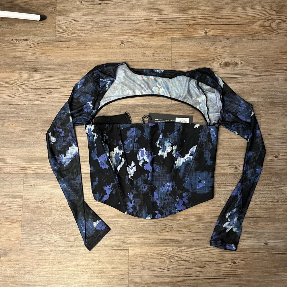 White Fox Boutique Blue Floral Mesh Long Sleeve Corset Top - Picture 4 of 4